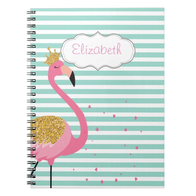 Cute Pink Flamingo Mint Green White Stripes Notebook (Front)