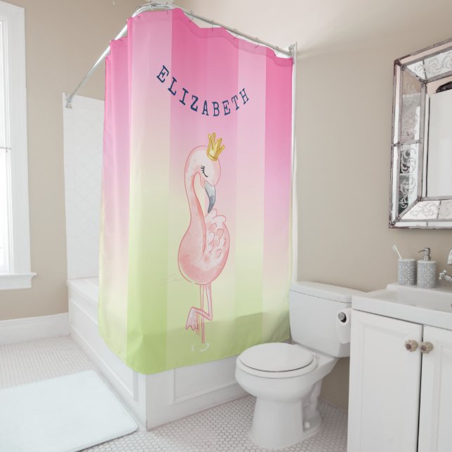 Cute Pink Flamingo Ombre Striped    Shower Curtain (In Situ)