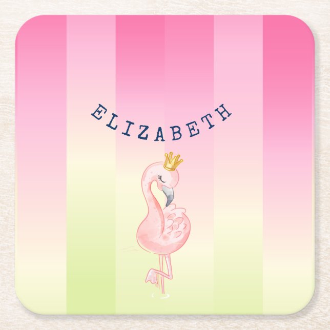 Cute Pink Flamingo Ombre Striped  Square Paper Coaster (Front)