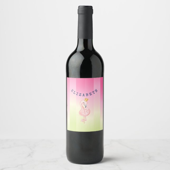 Cute Pink Flamingo Ombre Striped   Wine Label (Front)