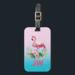 Cute Pink Flamingo On Glittery Background Luggage Tag<br><div class="desc">Cute pink flamingos watercolor illustration over glittery pink and blue background.</div>