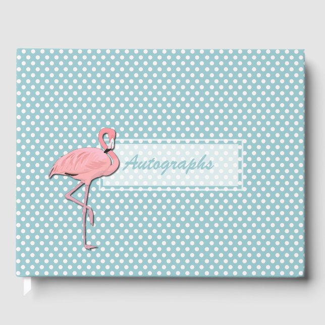Cute Pink Flamingo on Polka Dots Autograph Guest Book (Front)