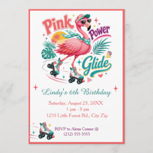 Cute Pink Flamingo on Roller Skates Party Invitation