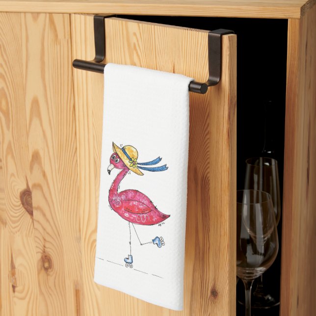Cute Pink Flamingo on Skates Tea Towel (Thirds Fold)