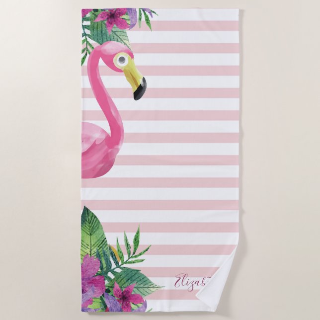 Cute Pink Flamingo Palm Leaves Flowers Beach Towel (Front)