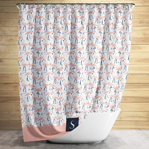 Cute Pink Flamingo Pattern Monogram Shower Curtain