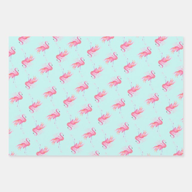 Cute Pink Flamingo Pattern Watercolor Wrapping Paper Sheet (Front)