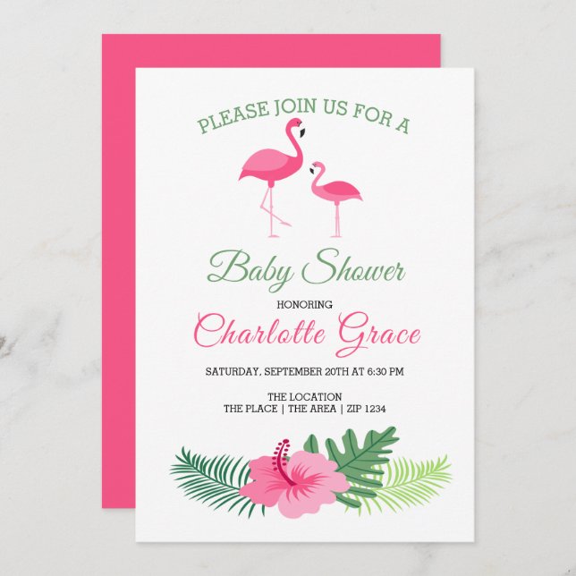 Cute Pink Flamingo Personalised Baby Shower Invitation (Front/Back)