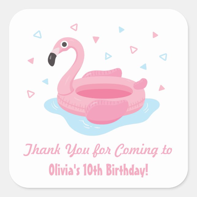 Cute Pink Flamingo Pool Float Thank You Stickers (Front)