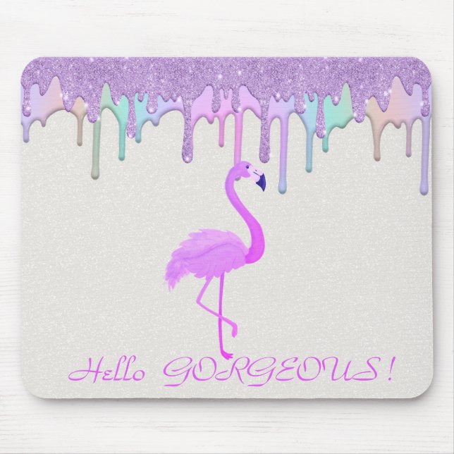 Cute Pink Flamingo,Rainbow Drips - Hello Gorgeous Mouse Mat (Front)