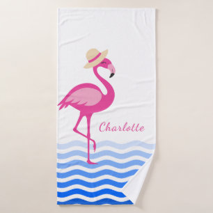 Cute pink flamingo sea waves monogram bath towel set