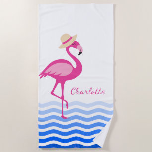 Cute pink flamingo sea waves monogram  beach towel