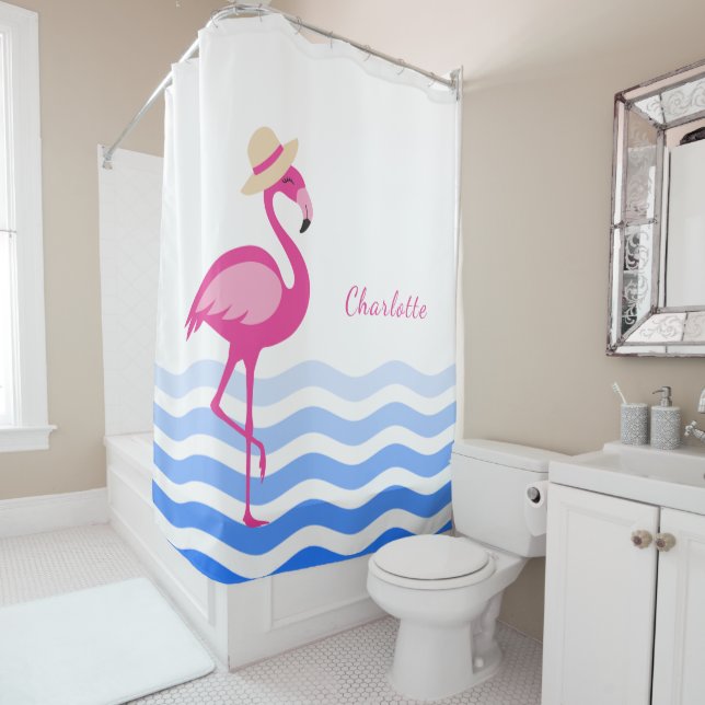 Cute pink flamingo sea waves monogram  shower curtain (In Situ)