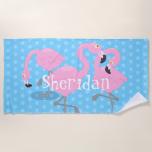 Cute pink flamingo trio blue cartoon illustration beach towel