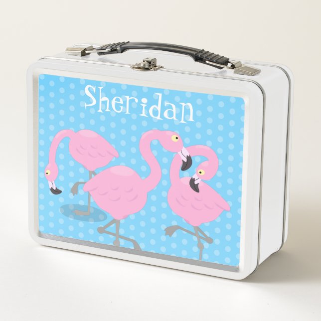 Cute pink flamingo trio blue cartoon illustration metal lunch box (Front)