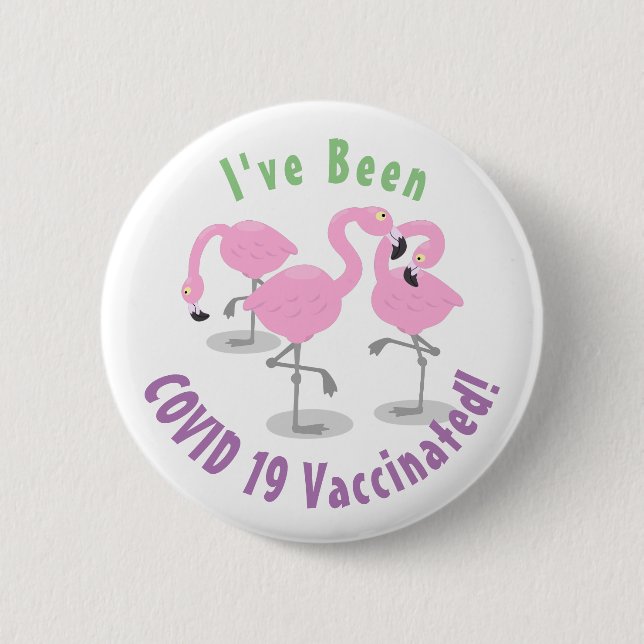 Cute pink flamingo trio cartoon illustration  6 cm round badge (Front)