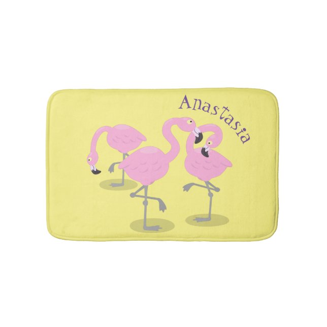 Cute pink flamingo trio cartoon illustration bath mat (Front)
