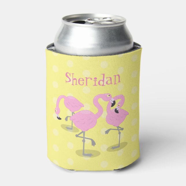 Cute pink flamingo trio cartoon illustration can cooler (Can Front)