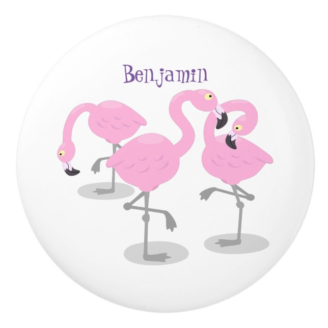 Cute pink flamingo trio cartoon illustration ceramic knob (Front)