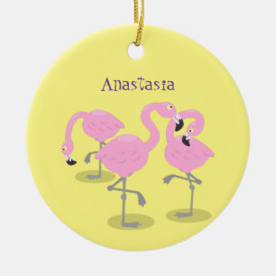 Cute pink flamingo trio cartoon illustration ceramic tree decoration