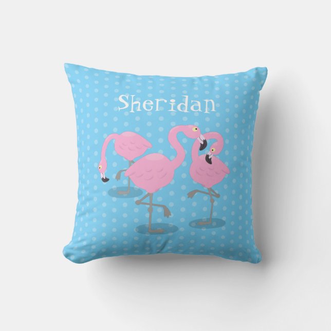 Cute pink flamingo trio cartoon illustration cushion (Front)