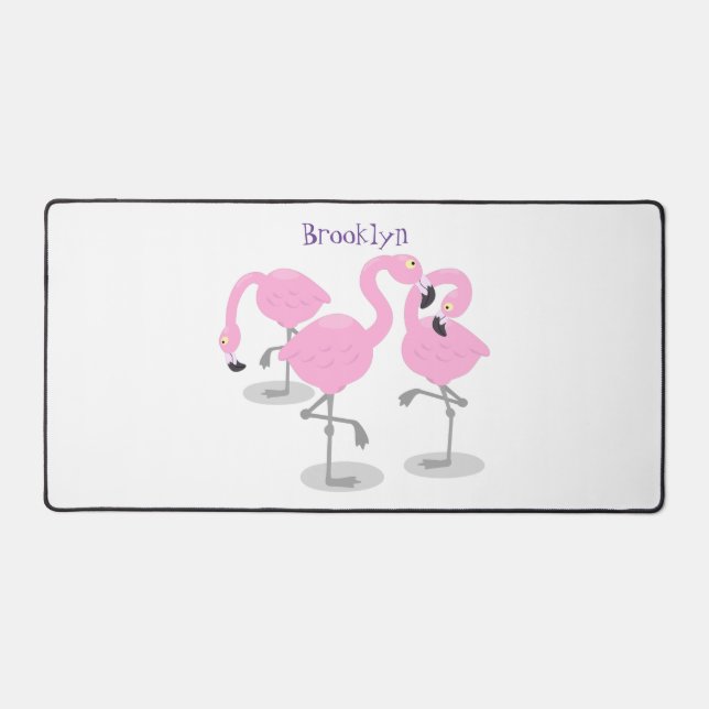 Cute pink flamingo trio cartoon illustration desk mat (Front)