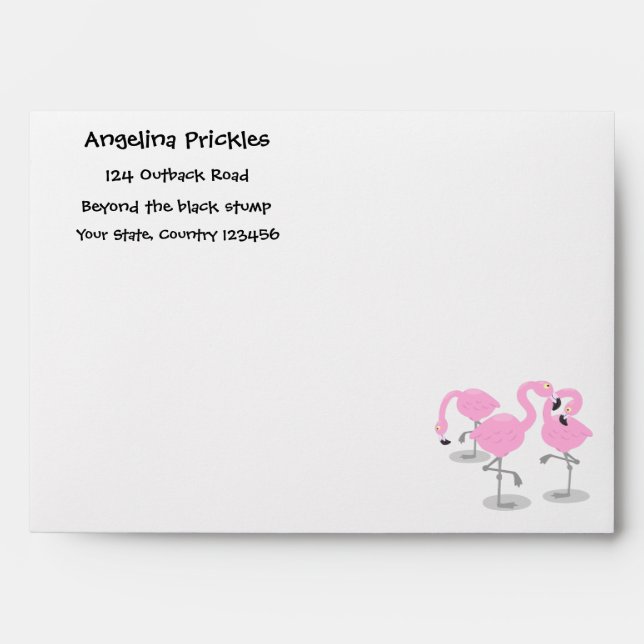 Cute pink flamingo trio cartoon illustration envelope (Front)