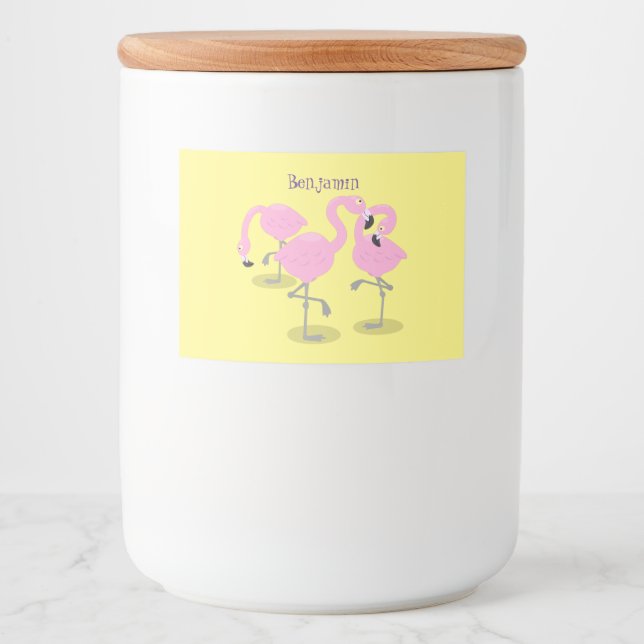 Cute pink flamingo trio cartoon illustration food label (Front)