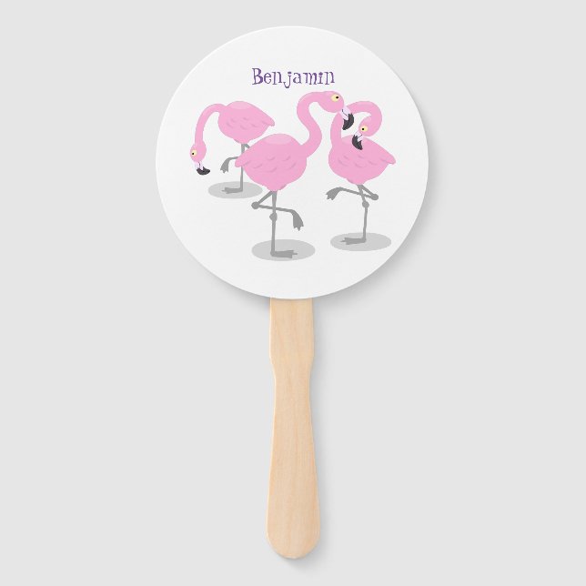 Cute pink flamingo trio cartoon illustration hand fan (Front)
