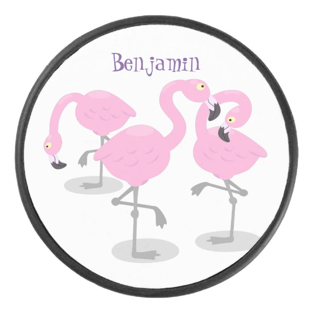 Cute pink flamingo trio cartoon illustration hockey puck (Front)