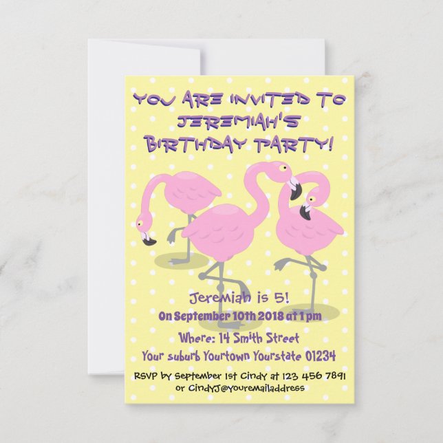 Cute pink flamingo trio cartoon illustration invitation (Front)