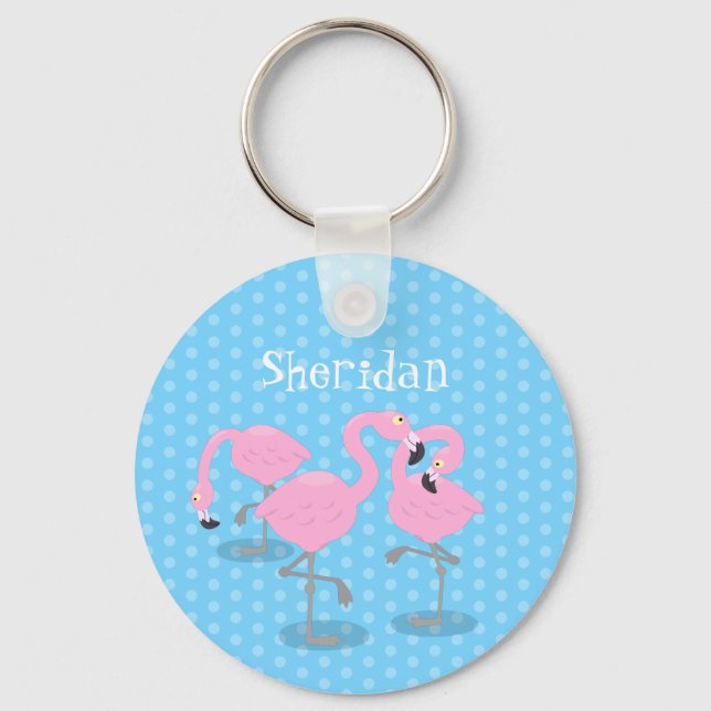 Cute pink flamingo trio cartoon illustration key ring (Front)