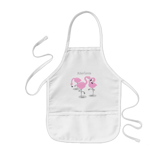 Cute pink flamingo trio cartoon illustration kids apron (Front)
