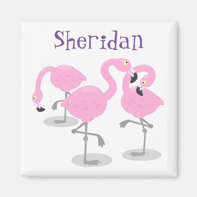 Cute pink flamingo trio cartoon illustration magnet (Front)