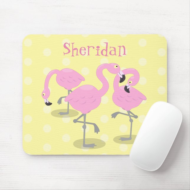Cute pink flamingo trio cartoon illustration mouse mat (With Mouse)
