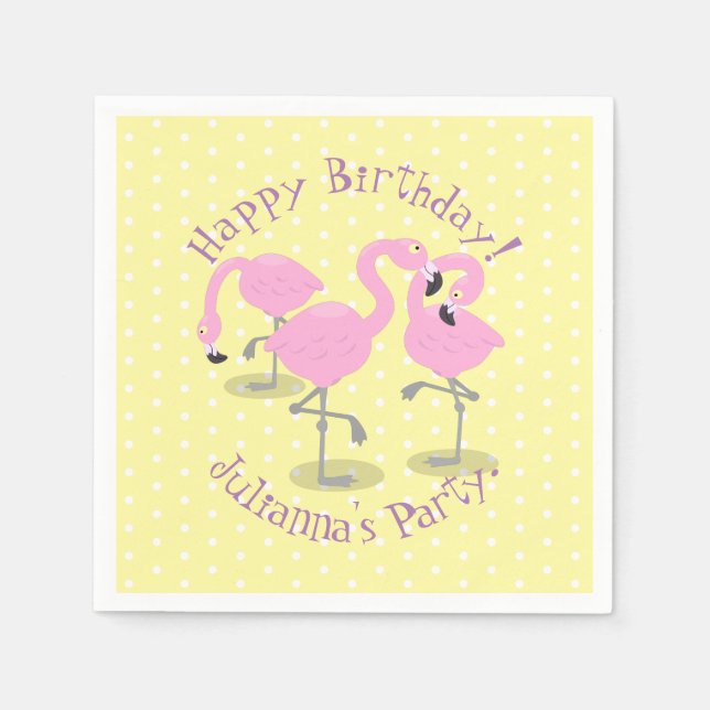 Cute pink flamingo trio cartoon illustration napkin (Front)