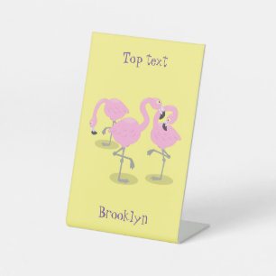Cute pink flamingo trio cartoon illustration pedestal sign