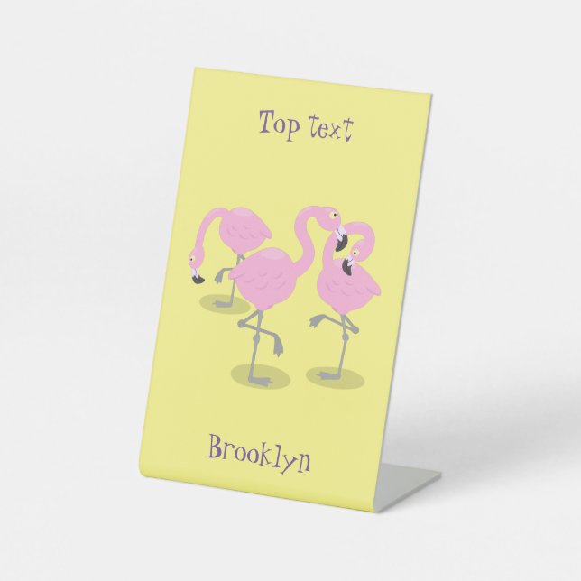 Cute pink flamingo trio cartoon illustration pedestal sign (Front)