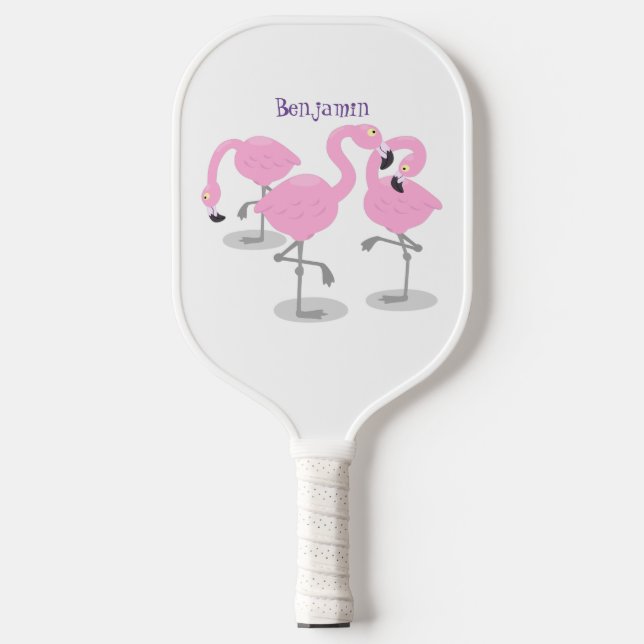 Cute pink flamingo trio cartoon illustration pickleball paddle (Front)