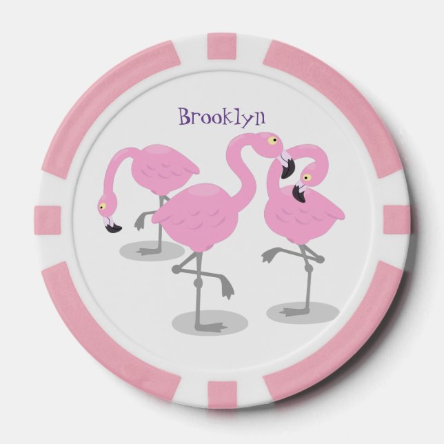 Cute pink flamingo trio cartoon illustration poker chips (Front)