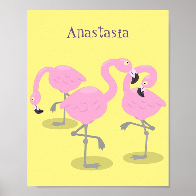 Cute pink flamingo trio cartoon illustration poster (Front)