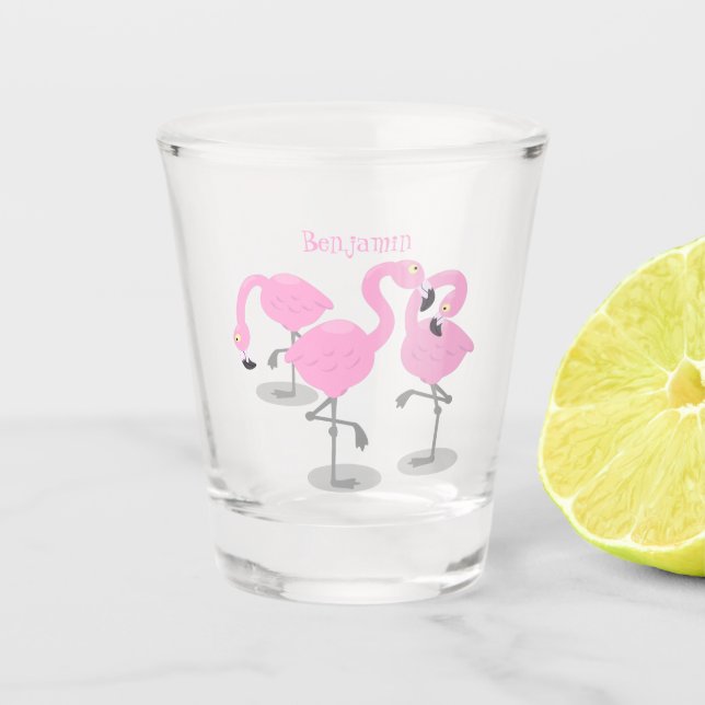 Cute pink flamingo trio cartoon illustration shot glass (Front)