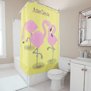 Cute pink flamingo trio cartoon illustration shower curtain