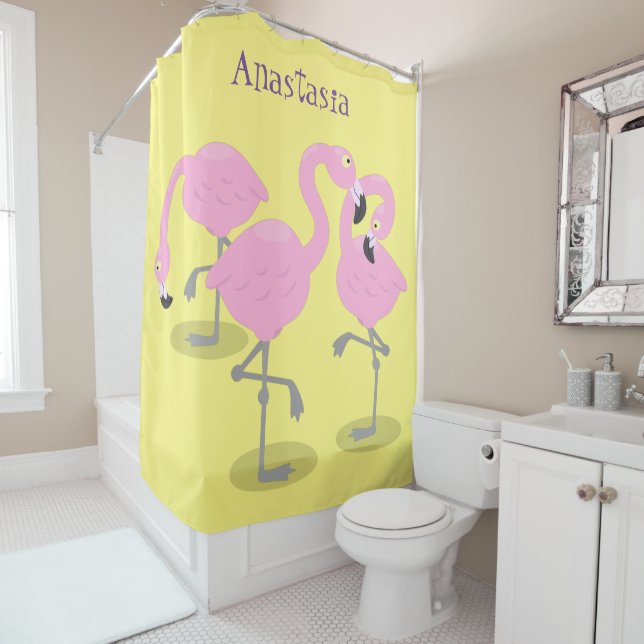 Cute pink flamingo trio cartoon illustration shower curtain (In Situ)