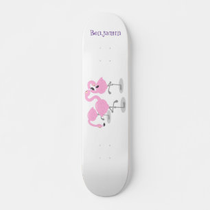Cute pink flamingo trio cartoon illustration skateboard