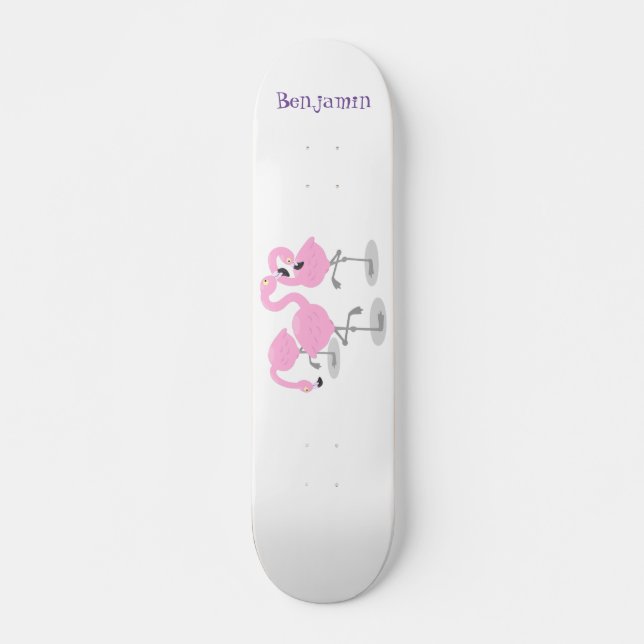 Cute pink flamingo trio cartoon illustration skateboard (Front)