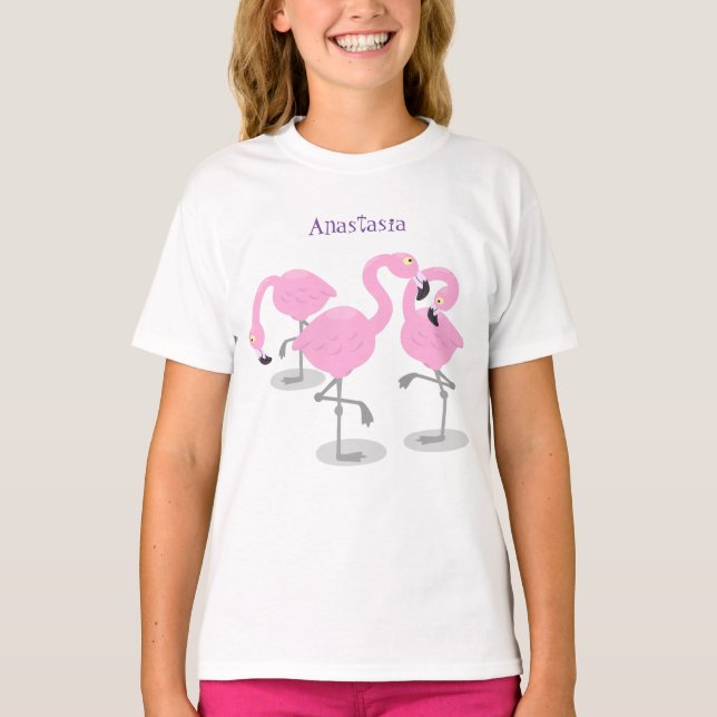 Cute pink flamingo trio cartoon illustration T-Shirt (Front)