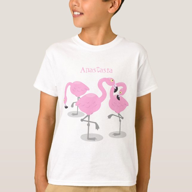 Cute pink flamingo trio cartoon illustration T-Shirt (Front)