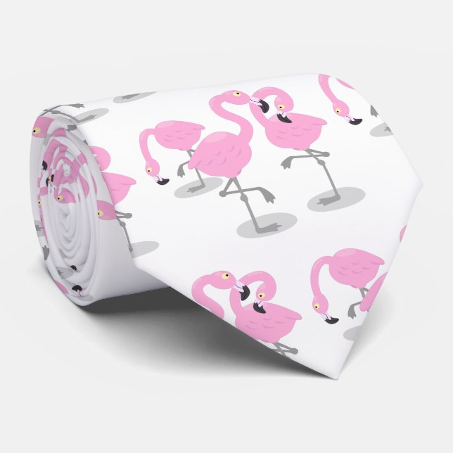 Cute pink flamingo trio cartoon illustration tie (Rolled)