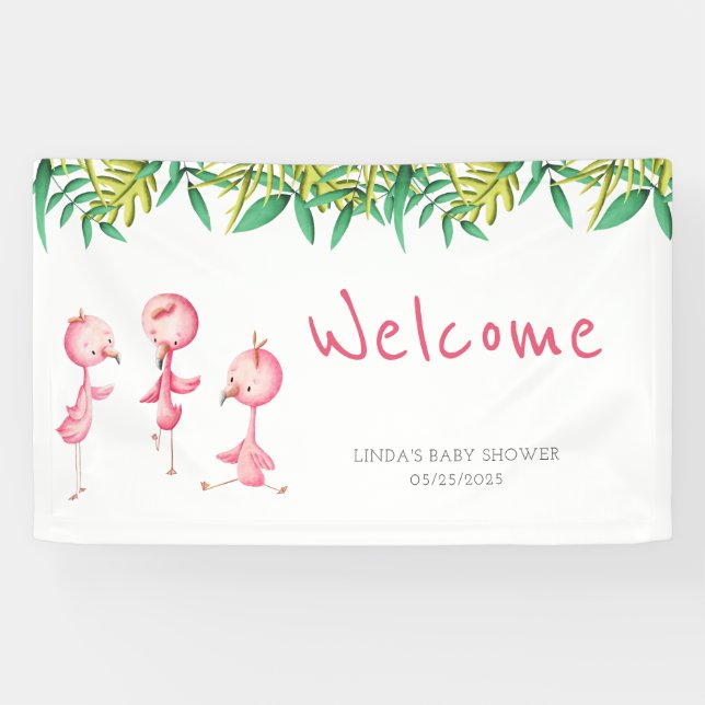 Cute Pink Flamingo Triplets Baby Shower Welcome Banner (Horizontal)